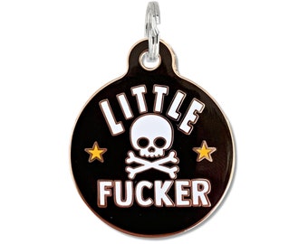 Dog ID Tag Engraved - Skull and Crossbones Small Large, Durable Black Enamel, Double Sided Cat and Dog Tag &quot;Little F*cker&quot; on Frontside