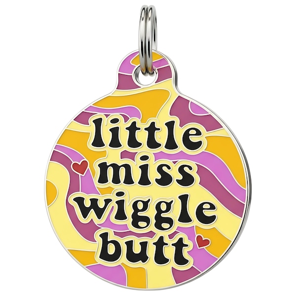 Médaille d'identification pour chien Little Miss Wiggle Butt gravée - Métal violet émaillé, 2 tailles