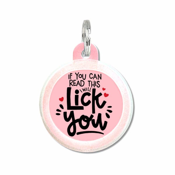 Médaille d'identification personnalisée pour chien - Médaille silencieuse double face avec nom pour animal de compagnie - « Si tu peux lire ceci, je te lécherai »