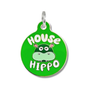 House Hippo Dog ID Tag Personalized • Cute Engraved Dog Name Tag Collar Charm - Durable Small Large Enamel Pet ID Tags • Gift for Dog Lover