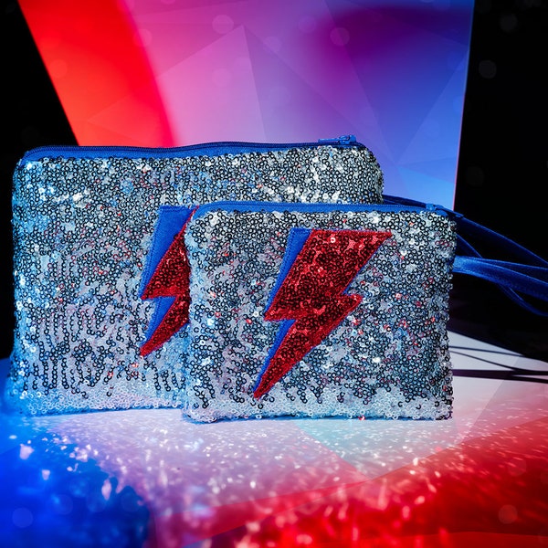 David Bowie Inspired Clutch Bag - Purse - Wallet -  Ziggy Stardust - Lightning Bolt - Flash  Silver, Gold or Black Sparkly glitter Sequins