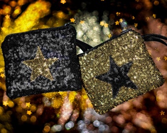 Bowie  Black Star Sequin disco Glitter sparkly purse / bag / Wallet - Showerproof lining, Reusable Handmade by Millie's Masks
