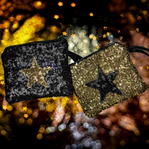 Bolsa/bolsa/carteira Bowie Black Star Sequin disco Glitter brilhante – forro à prova de banho, reutilizável feita à mão por Millie's Masks
