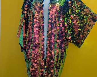 Disco Sparkly Glitter Wedding/festival/drag Mermaid Kimono Jacket in big jumbo sequins in silver, rainbow pink  mermaid  colours & lengths