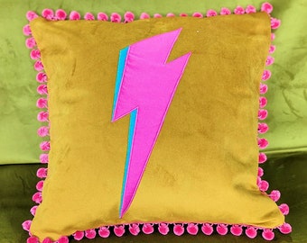 Bowie lightning Bolt/flash luxury mustard yellow  velvet cushion, Ziggy Cushions