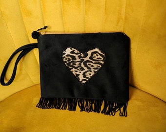 Rock N roll heart clutch bag in Luxury velvet handmade in UK - Purse - with fringing on hem,in  Black, pink, mustard, orange, turquoise