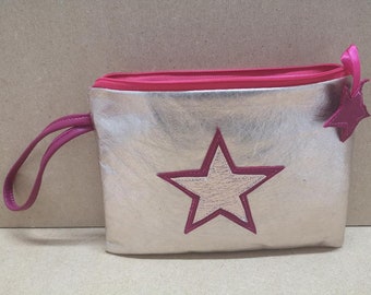 Handmade Star Design in Rose gold and  Cerise pink Soft Leather Clutch Bag/ wristlet / handbag  With Satin Lining