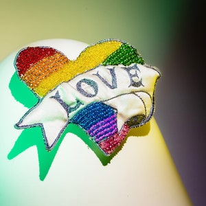 Rainbow LOVE heart beaded brooch badge pin bespoke hand beaded embroidered brooch perfect fashion or wedding accessory image 3