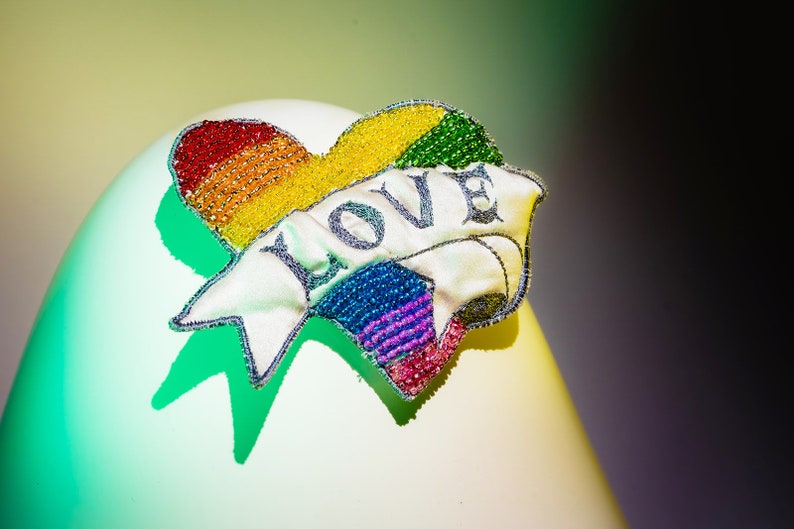 Rainbow LOVE heart beaded brooch badge pin bespoke hand beaded embroidered brooch perfect fashion or wedding accessory image 3
