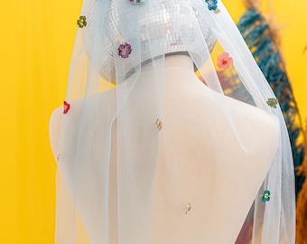 Rainbow Designer TROPICAL FLOWERS veil, bridal, wedding Teal, cerise, yellow on pale blue soft tulle tuile