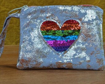 Handmade Rainbow Pride  Inspired Clutch Bag/Purse/Wallet -in distressed gold  or Rose gold metallic leather With Feature Heart or star