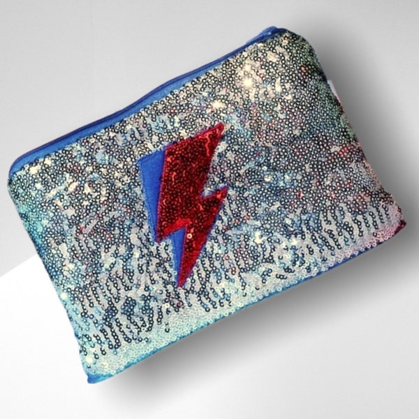 Bowie Inspired Lighting Bolt Flash Sequin Glitter  purse / pouch/ bag / card Wallet - Satin lining Handmade by The Couture Co