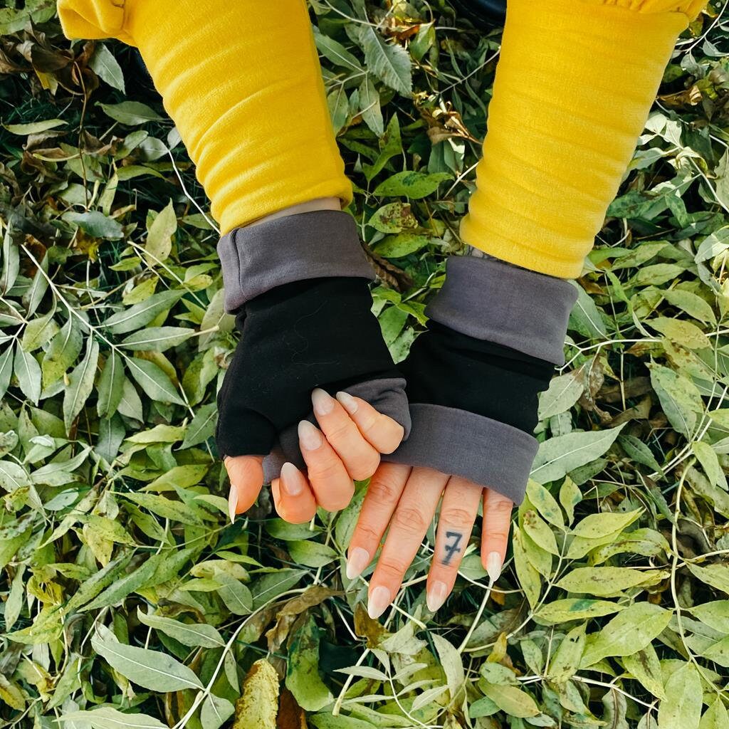 Fingerless Mittens- Gloves, in Reversible 100% Organic Soft