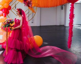 Quirky designer veil, Funky & colourful cerise/Fuschia Pink bridal wedding veil  by The Couture Company in  soft  tulle/tuile . Many Colours