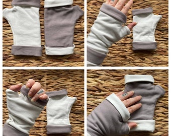 Organic - Fingerless Mittens- reversible gloves in soft cotton sweatshirt, warm and cosy, choose your own colour combo! Cream, grey, pink,