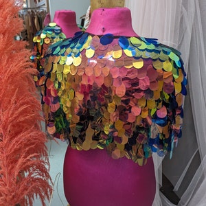May include: A rainbow iridescent sequined top with a pink form-fitting bodice. The top is made of small, round sequins that are sewn together in a pattern that resembles fish scales.