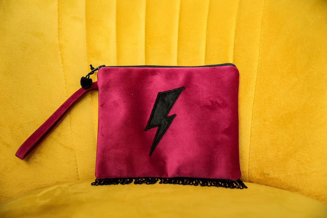 Buy Bowie Inspired Luxury Velvet Handmade in UK Clutch Bag -purse Ziggy  Lightning Bolt -flash, Fringing,in Black, Pink, Mustard, Leopard, Online in 