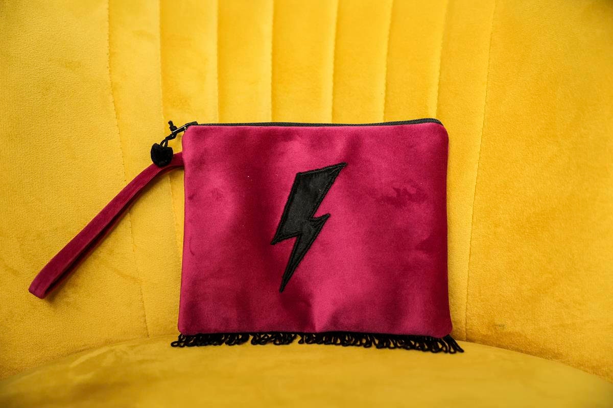 Bowie Inspired Luxury Velvet Handmade in UK Clutch Bag purse Ziggy Lightning Bolt flash Fringing in Black Pink Mustard Leopard Etsy