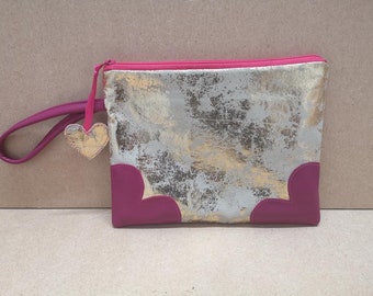 Heart Design Distressed gold and  Cerise pink Handmade Soft Leather Clutch Bag/ wristlet / handbag  With Satin Lining