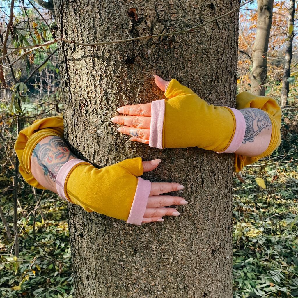 Fingerless Mittens- Gloves, in Reversible 100% Organic Soft