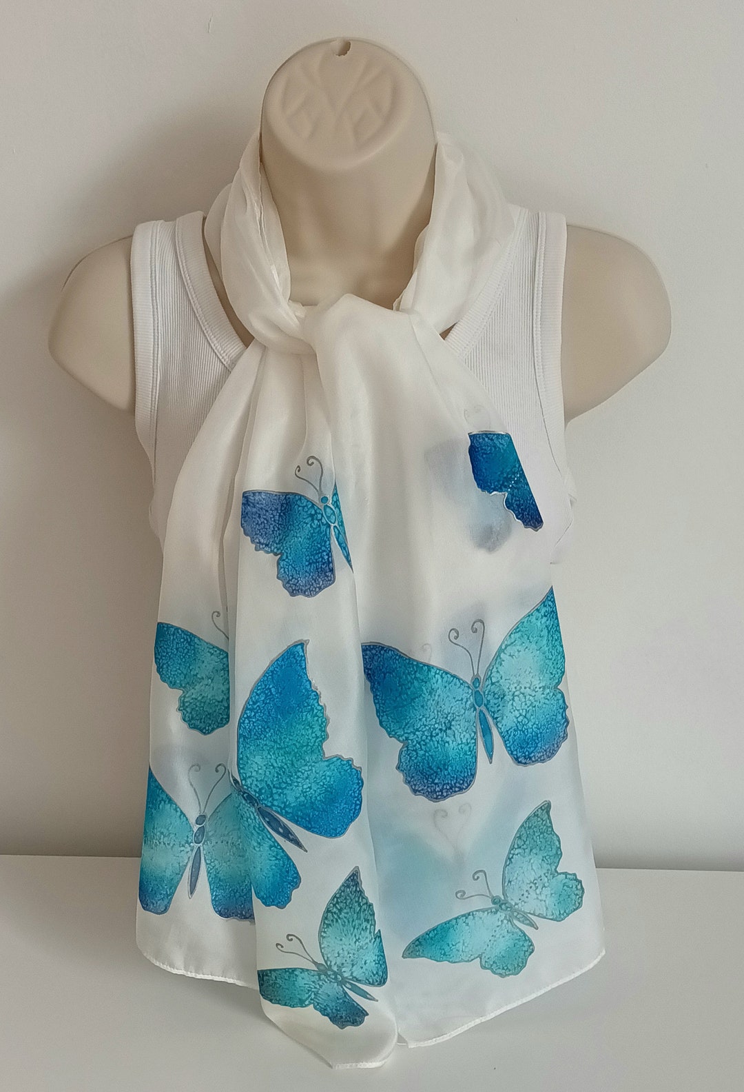 Handpainted Blue Butterfly Silk Scarf, Ladies Fashion, Accessories