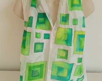 Green Geometric Patterned Scarf, hand-painted on silk. Ladies fashion, wearable art, ladies gifts, womens gifts