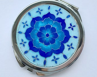 Blue Flower Compact Mirror - makeup mirror, flower gifts, mandala gifts