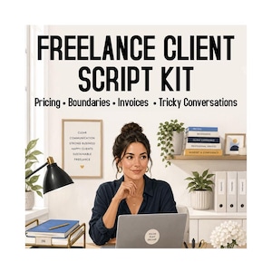 May include: Image of a woman at a desk with a laptop, promoting a "Freelance Client Script Kit." The text includes "Pricing, Boundaries, Invoices, Tricky Conversations." A framed print lists "Clear Communication, Strong Business, Happy Clients, Sustainable Freelance."