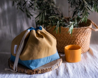 LARGE DRAWSTRING BAG - blue/ochre solid