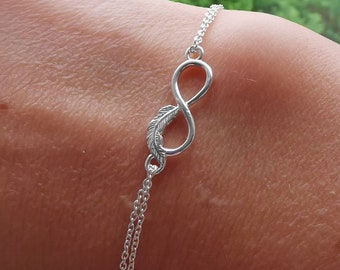 Sterling Silver Infinity Bracelet, Feather bracelet, eternity bracelet, silver infinity gift, sister gift