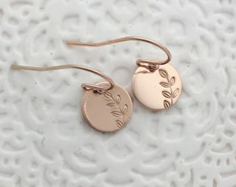 Rose Gold Earrings hand stamped, handmade rose gold earrings, dangle earrings, gold disc earrings, birthday gift for her