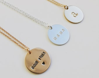Customised necklace hand stamped charm disc