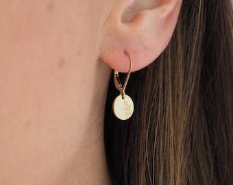 Tiny Hand Stamped Lever-back Earrings in Gold Filled • Dainty Minimalist Nature Dangle Disc Earrings, leaf stamped earrings, hibiscusdays