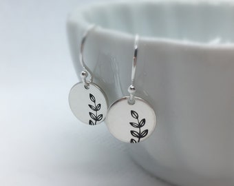 Hand stamped earrings sterling silver leaf