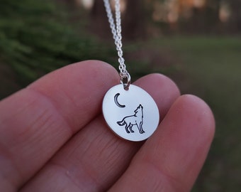 Handmade Howling Wolf Moon Necklace, Wolf and Moon hand stamped, Nature inspired Necklace, Sterling silver necklace