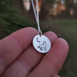 Handmade Howling Wolf Moon Necklace, Wolf and Moon hand stamped, Nature inspired Necklace, Sterling silver necklace