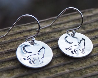 Hand stamped Wolf and Moon Earrings, Silver disc earrings, Dangle Earrings, Nature Inspired Disc earrings