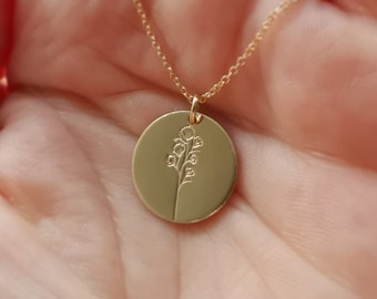 Gold coin necklace, flower hand stamped gold disc, layering necklace chain, Gold layering necklace, flower necklace, birthday gift