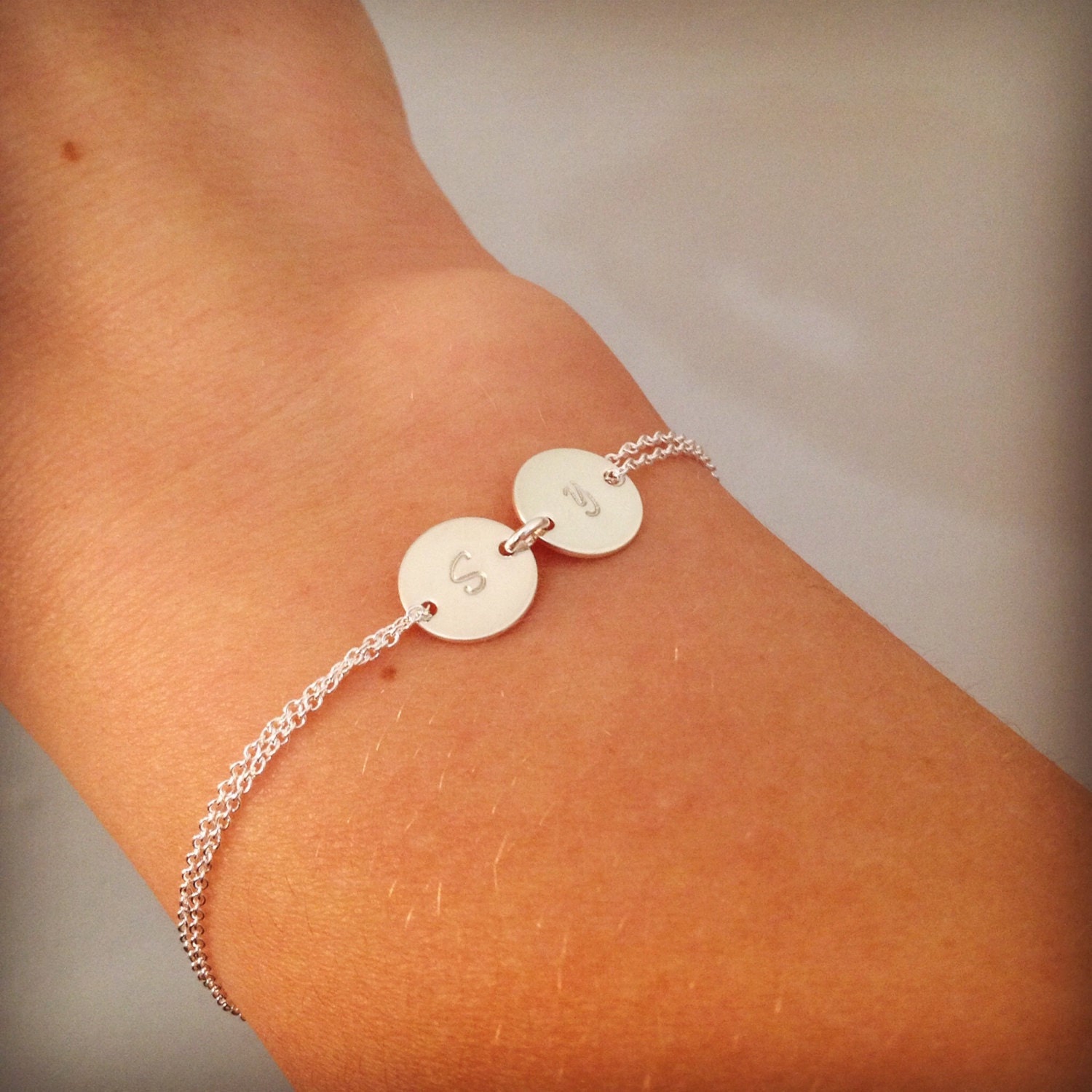 Double Link Silver Plated Monogram Bracelet with Circle Disc