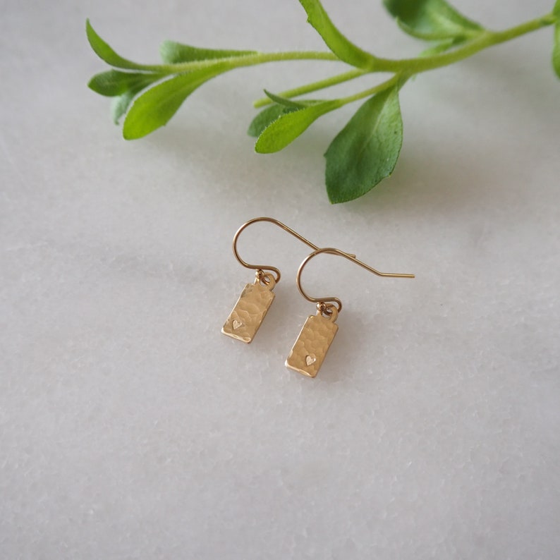 Gold filled Minimal Everyday Dangle Earrings, Hammered Bar Earrings, Trendy Textured Tag Drop Earrings, Small gold earrings for women image 4