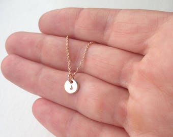 Tiny rose gold letter necklace, rose gold letter - personalised gold disc necklace, rose gold filled - initial necklace - bridesmaid jewelry