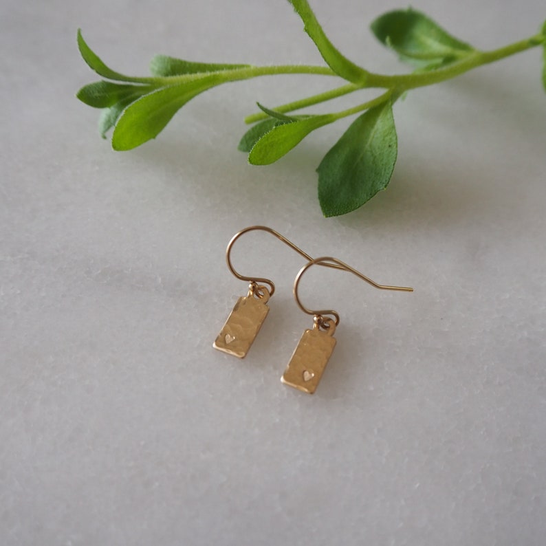 Gold filled Minimal Everyday Dangle Earrings, Hammered Bar Earrings, Trendy Textured Tag Drop Earrings, Small gold earrings for women image 3