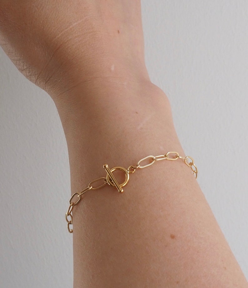 Gold Toggle Bracelet, Tbar Bracelet Silver, gold filled, sterling silver paper-clip chain, layering bracelet in gold filled, sterling silver image 2