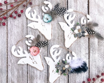 Rustic Deer Ornament with Flowers and Feathers - Rustic Boho Ornaments - Farmhouse Ornament - Chippy Ornament - Bohemian Ornament - Boho