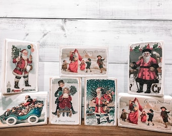 Vintage Postcard Wood Blocks - Vintage Holiday Postcards - Christmas Wood Blocks - Christmas Home Decor - Holiday Home Decor - Mantle Decor