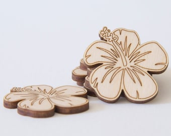 Flores de hibisco de abedul báltico cortadas con láser, artículos para manualidades.