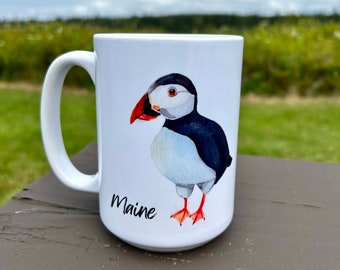 Maine Puffin Mug & Coaster Set, 15oz Ceramic Mug, Round Ceramic Coaster, Sublimated, Puffin Decor, Maine Gift,