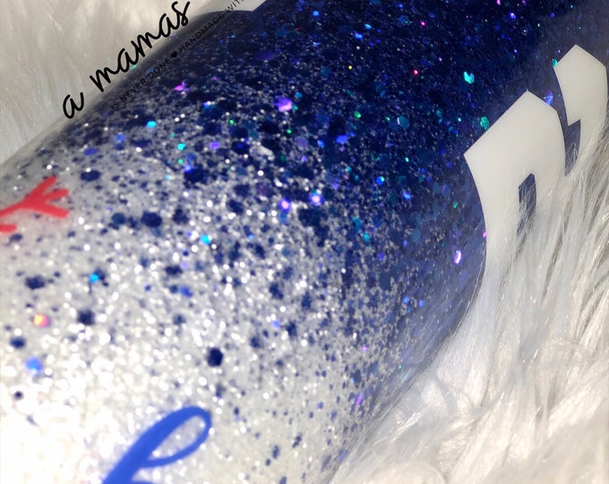 Blue and white baseball glitter tumbler Custom