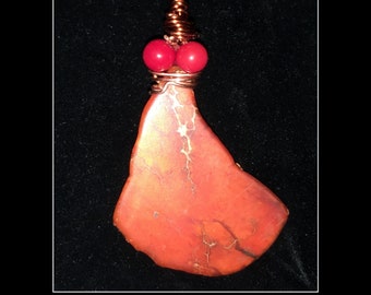 Copper Wire Wrapped Red Imperial Jasper (for stress & tranquility) and Red Coral Pendant OOAK!