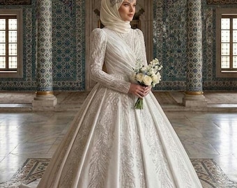 Victorian Style Wedding Dress with High Neck and Puff Sleeves, Sparkly Sequin Bridal Gown, Elegant Modest Wedding, Luxury islamic wedding